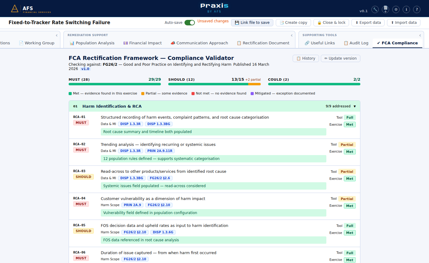 Praxis FCA compliance validator
