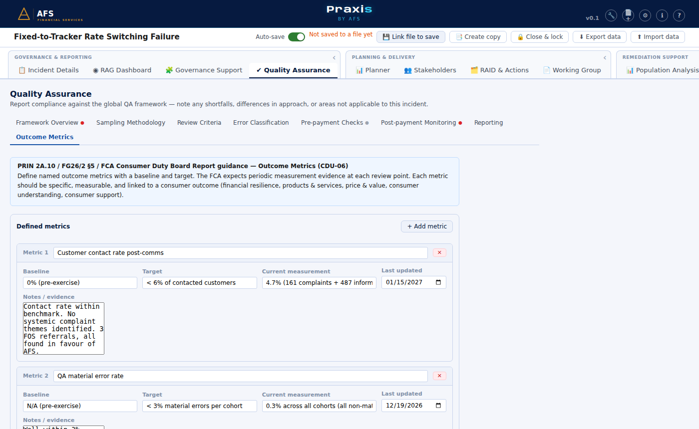 Praxis outcome metrics and monitoring